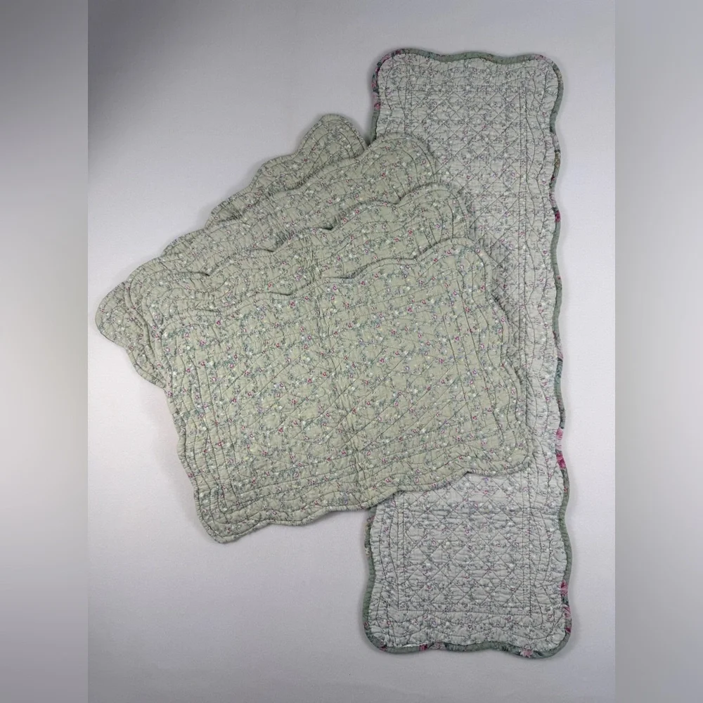 Floral Quilted Reversable Table Runner and Placemat Set in Sage Green